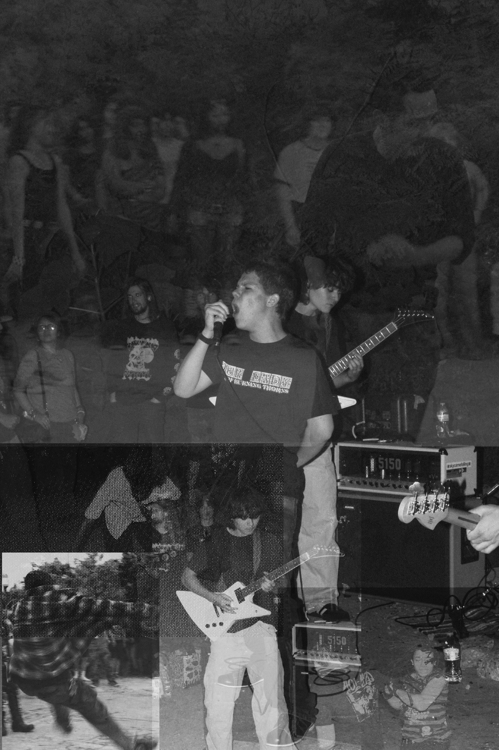 Layered black and white photographs of the band performing